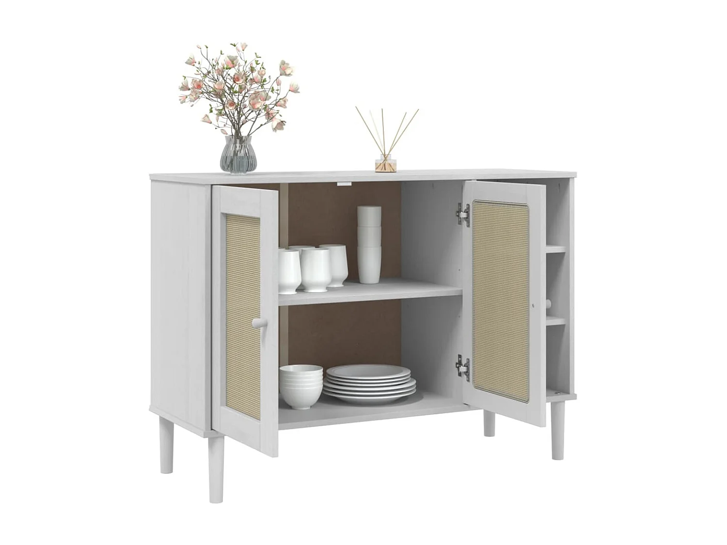Sideboard Anrichte mit 2 Türen SENJA Rattan-Optik Weiß 112x40x80 cm Kiefernholz -RM64451