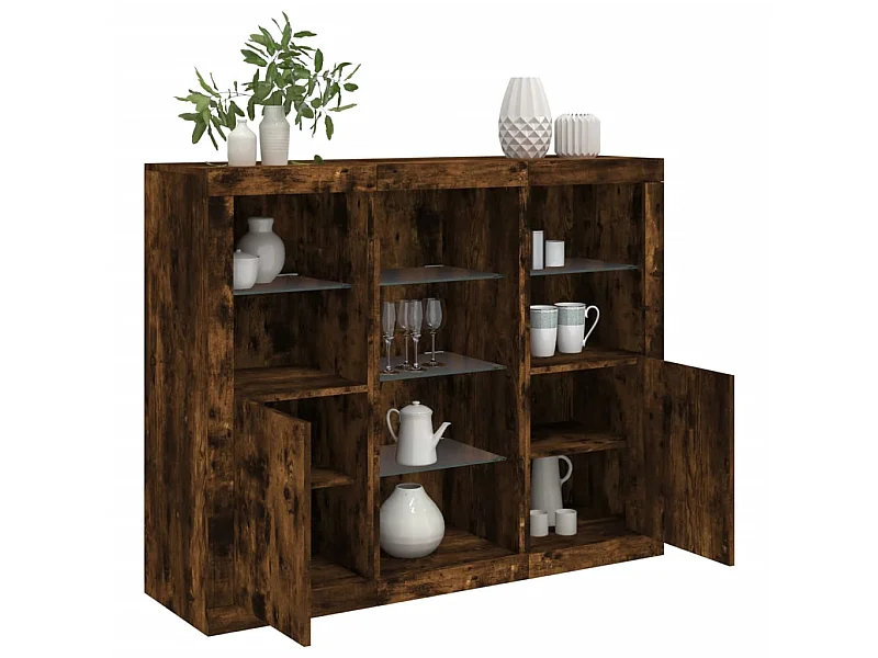 Sideboards mit LED-Leuchten im 3er-Set Anrichten Räuchereiche Holzwerkstoff -RM25184
