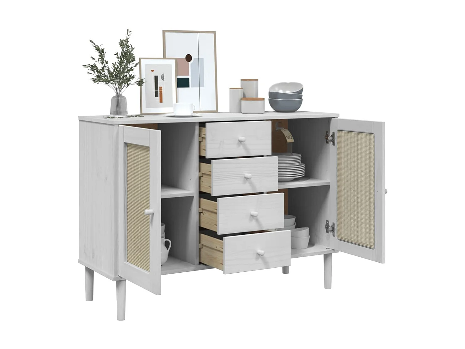 Sideboard Weiß Anrichte SENJA Rattan-Optik 112x40x80 cm Kiefernholz -RM47843