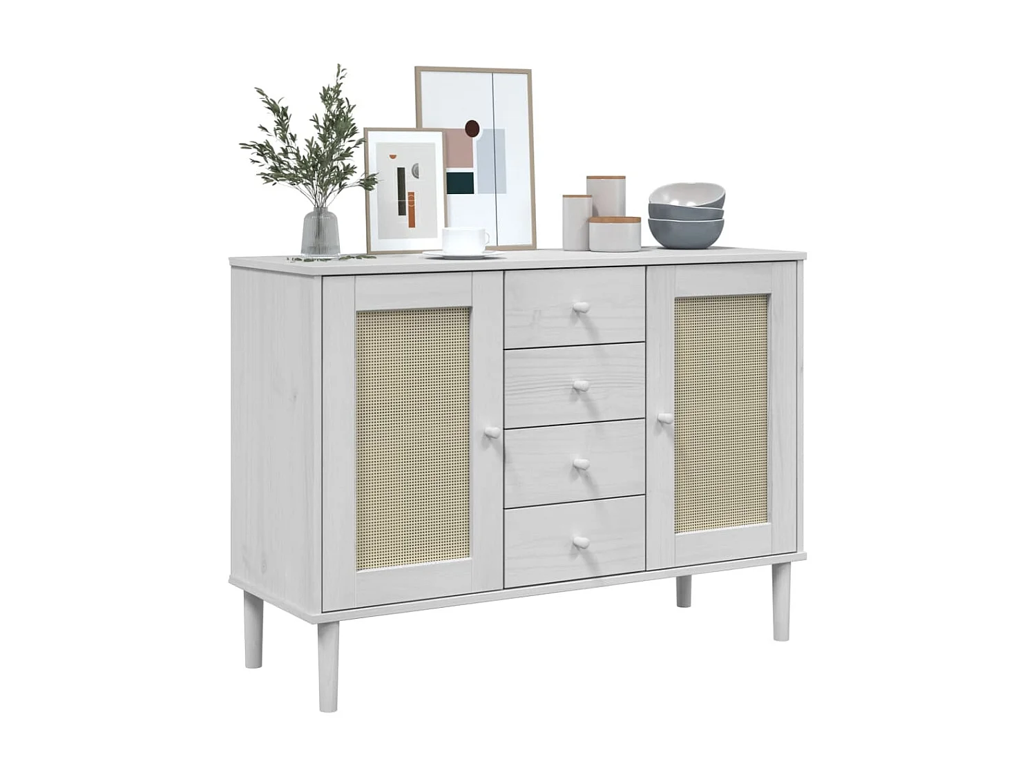 Sideboard Weiß Anrichte SENJA Rattan-Optik 112x40x80 cm Kiefernholz -RM47843