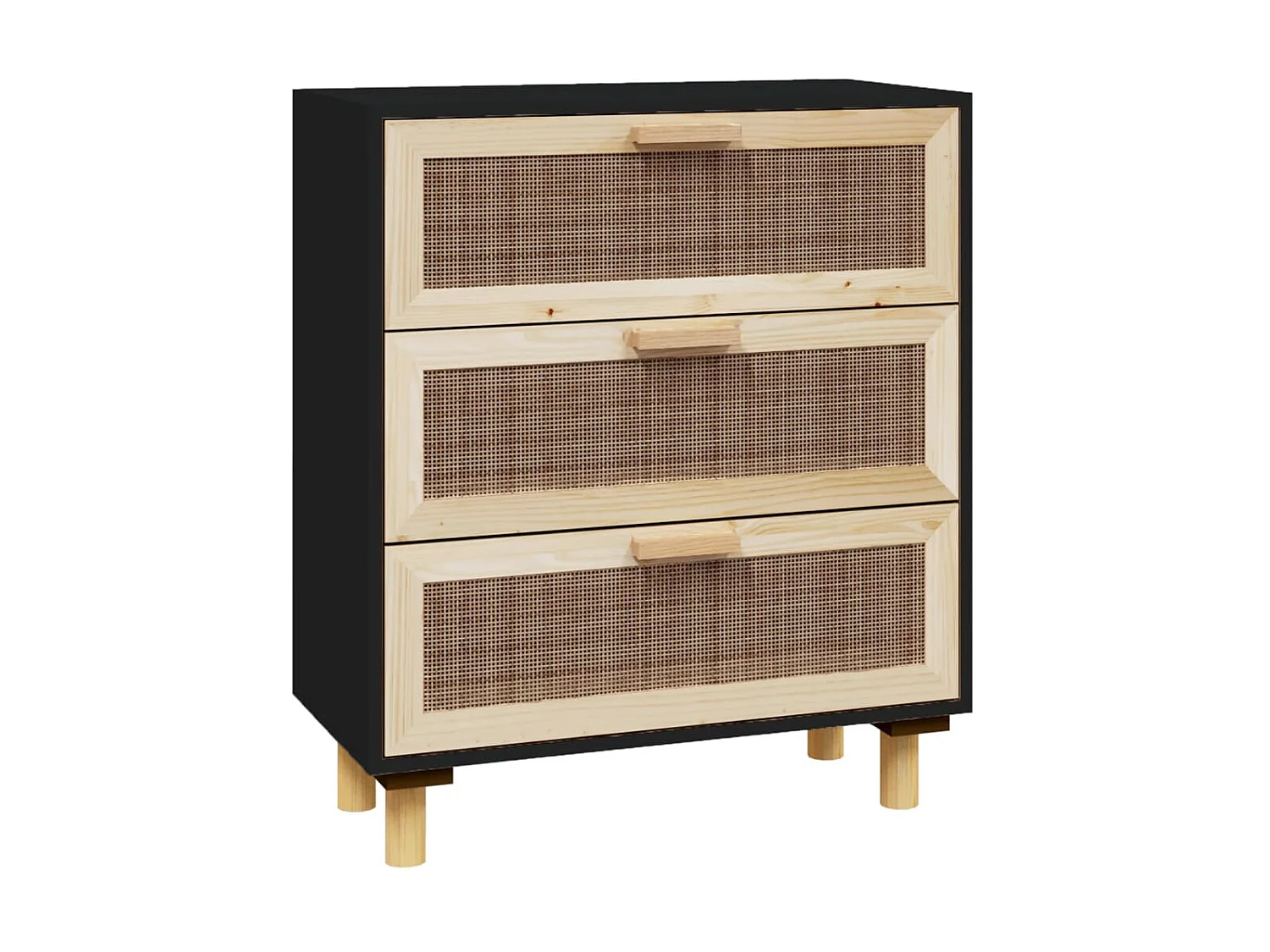 Sideboard Schwarz Anrichte 60x30x70cm Massivholz Kiefer und Natur-Rattan -RM30252