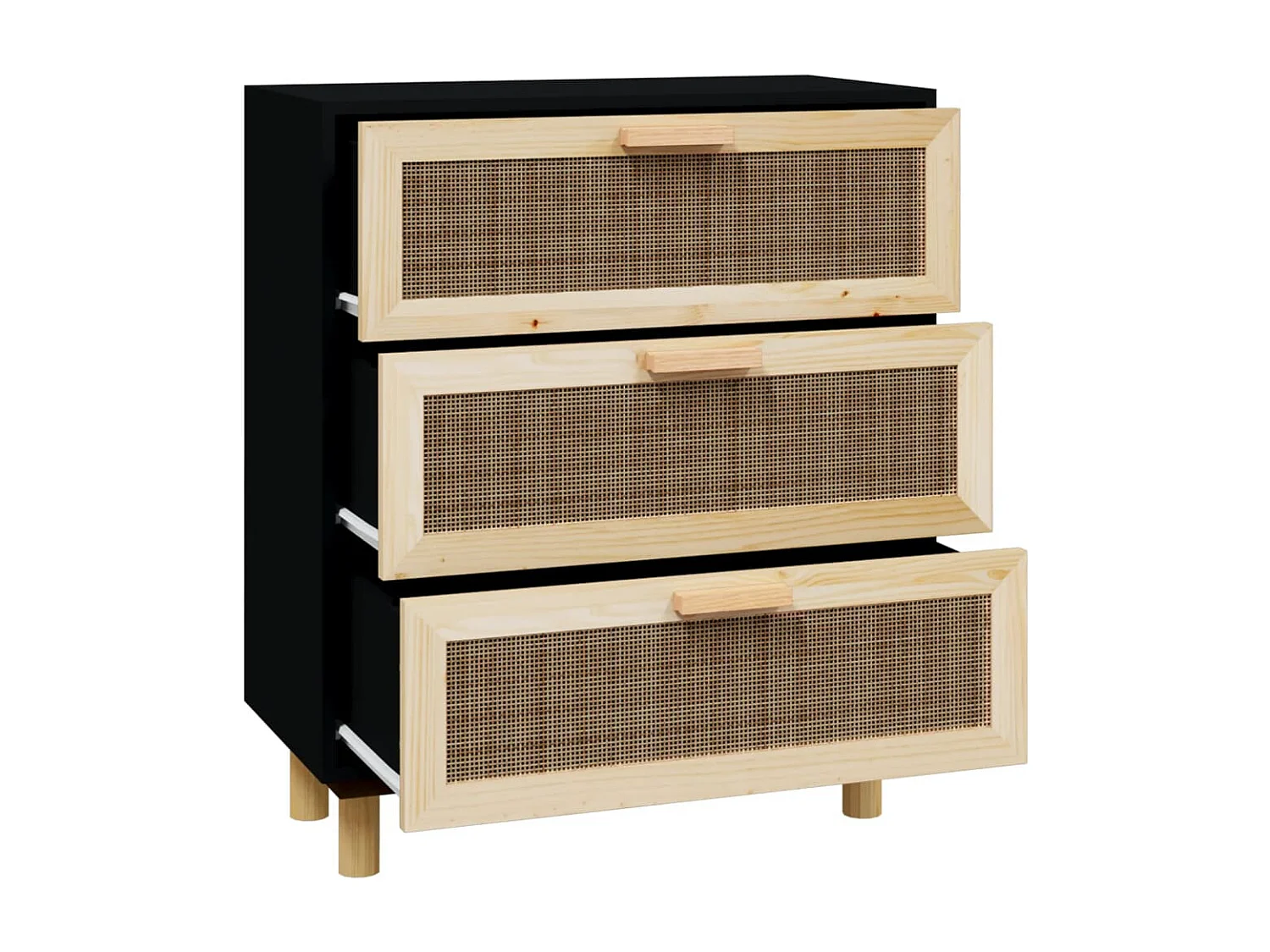 Sideboard Schwarz Anrichte 60x30x70cm Massivholz Kiefer und Natur-Rattan -RM30252