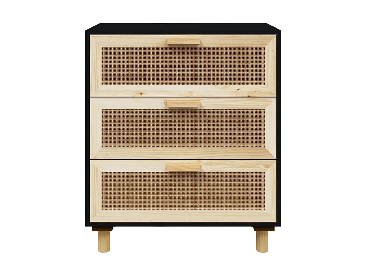 Sideboard Schwarz Anrichte 60x30x70cm Massivholz Kiefer und Natur-Rattan -RM30252