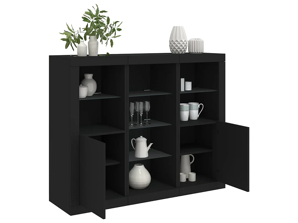Sideboards Schwarz Anrichten mit LED-Leuchten im 3er-Set Anrichten Holzwerkstoff -RM31844