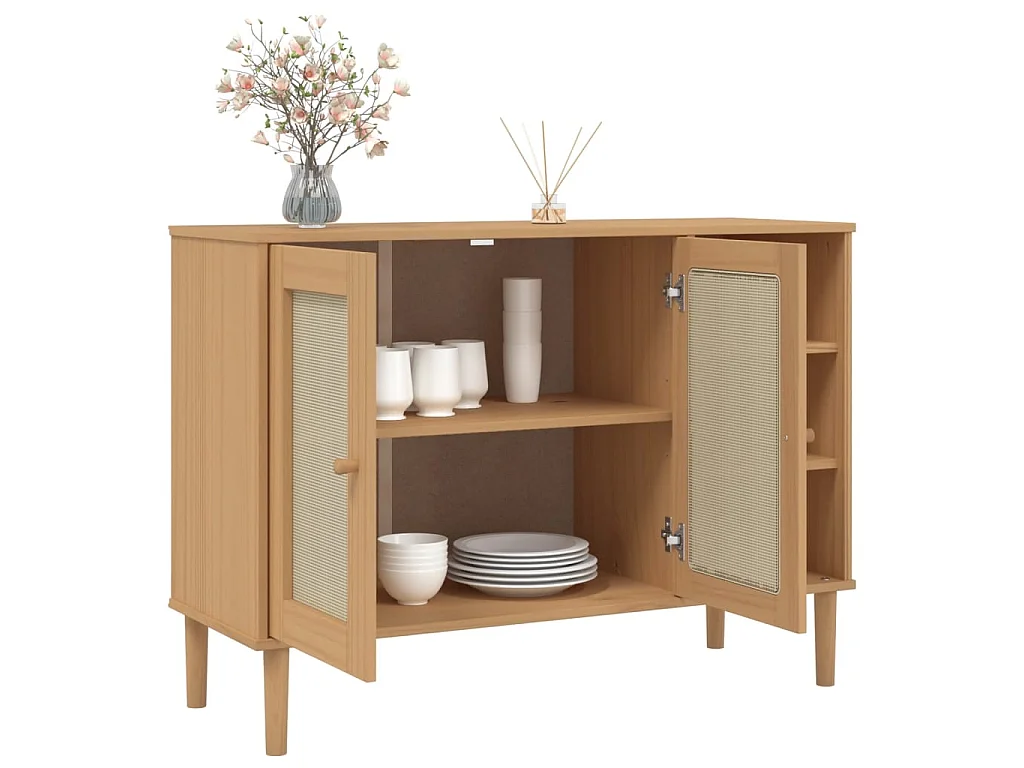 Sideboard Anrichte mit 2 Türen SENJA Rattan-Optik Braun 112x40x80 cm Kiefernholz -RM93483