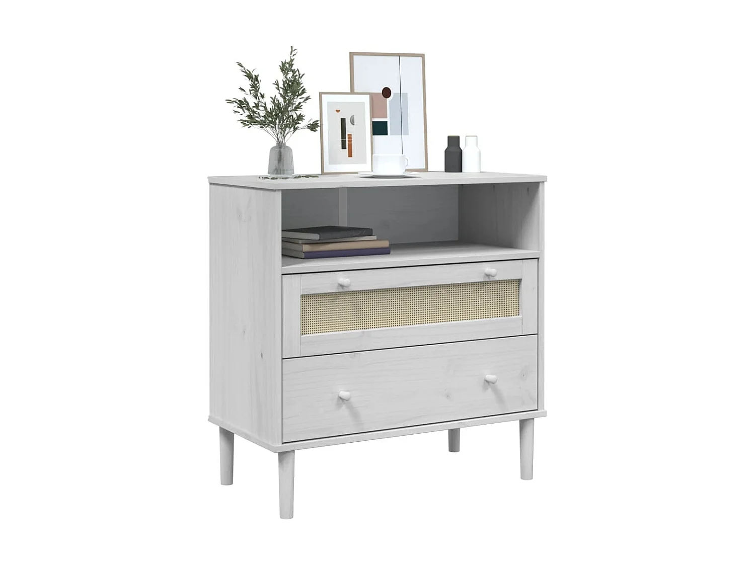 Sideboard Weiß Anrichte SENJA Rattan-Optik 80x40x80 cm Kiefernholz -RM58884