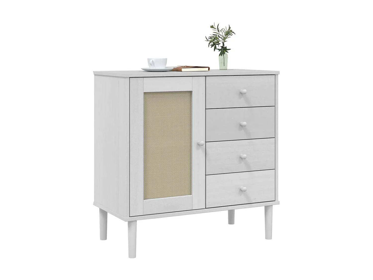 Sideboard Weiß Anrichte SENJA Rattan-Optik 80x40x80 cm Kiefernholz -RM30959