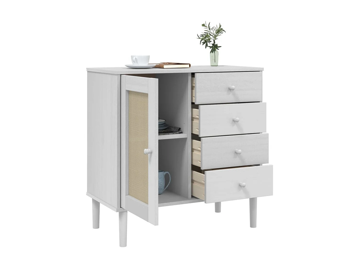 Sideboard Weiß Anrichte SENJA Rattan-Optik 80x40x80 cm Kiefernholz -RM30959