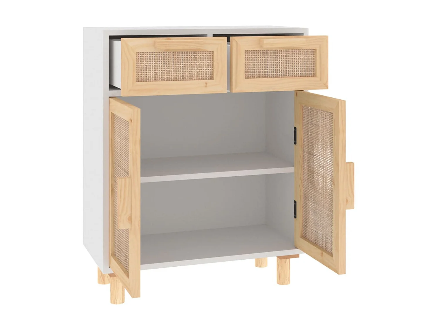 Sideboard Weiß Anrichte 60x30x75 cm Massivholz Kiefer und Natur-Rattan -RM66163