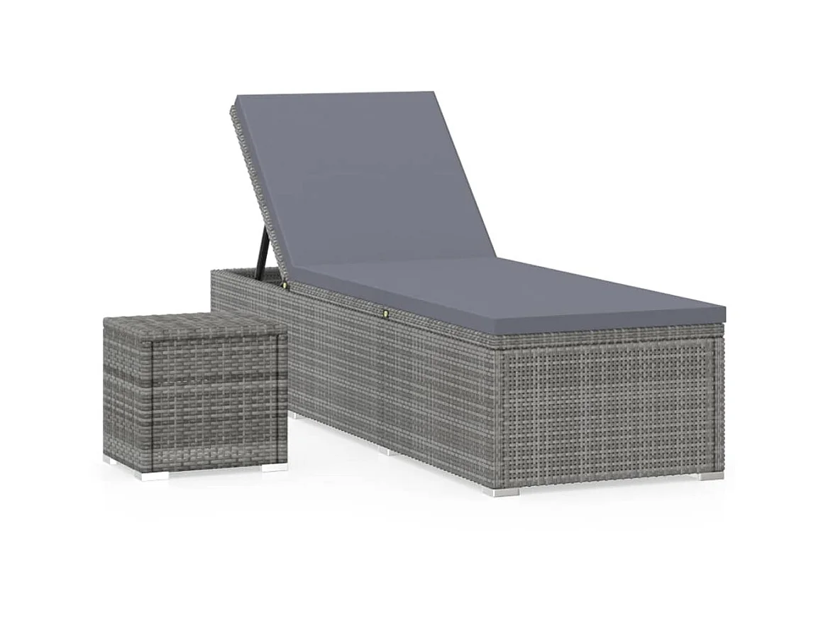 Bain de soleil avec coussin et table à thé Résine tressée Gris SEF25387