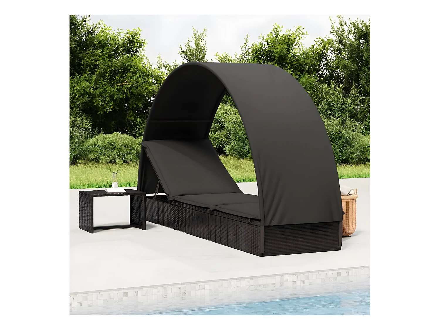 Bain de soleil avec toit rond noir 211x57x140 cm résine tressée SEF36871