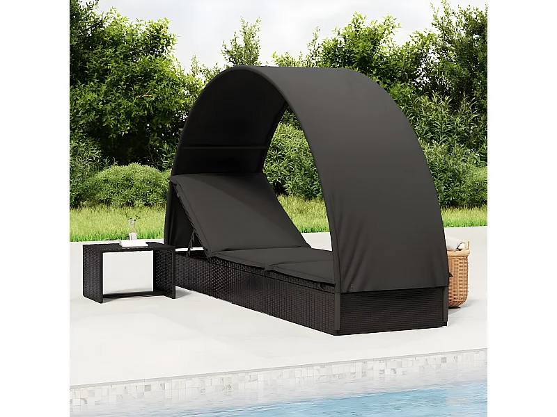 Tumbona con toldo redondo ratán sintético negro 211x57x140 cm ES54481