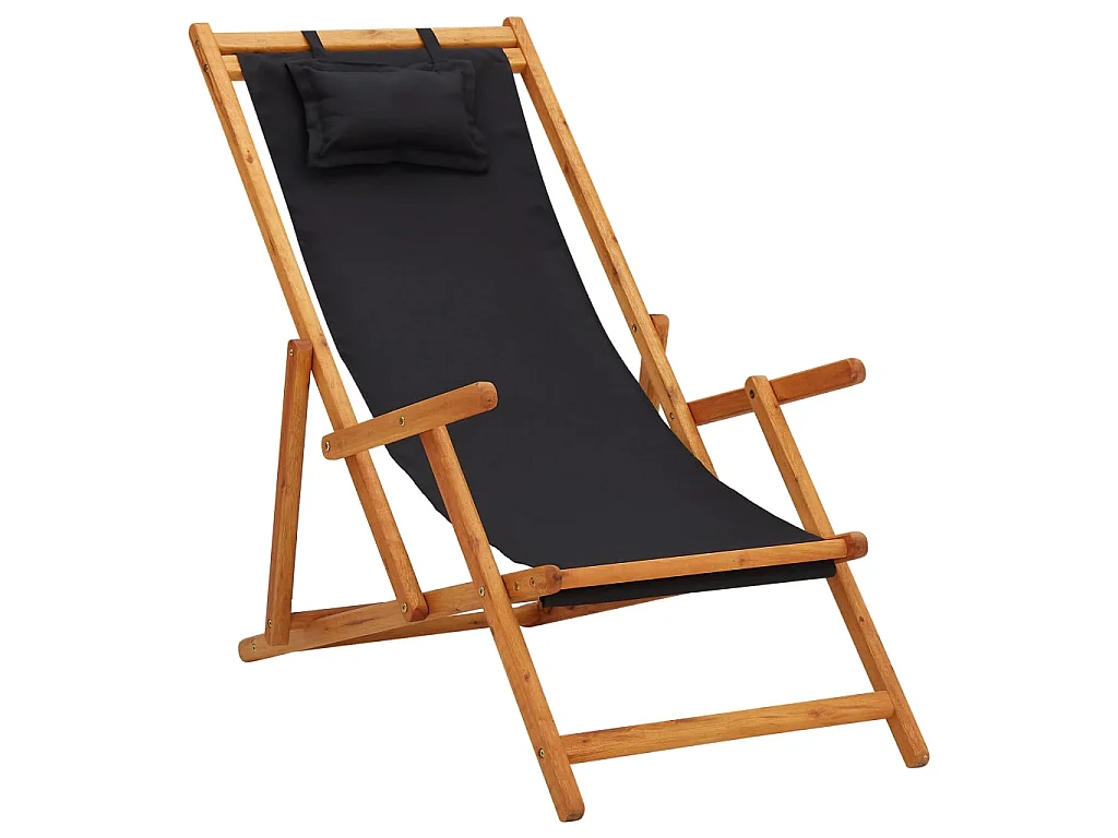 Bain de soleil pliable de plage Bois d'eucalyptus solide et tissu Noir SEF66438