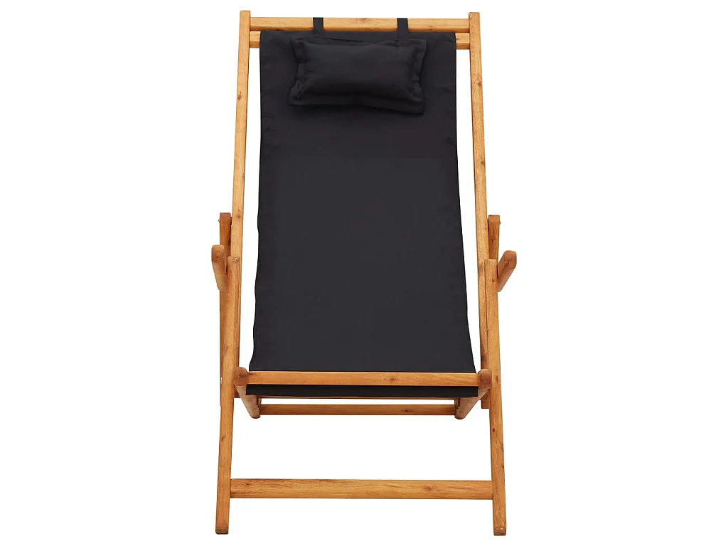 Bain de soleil pliable de plage Bois d'eucalyptus solide et tissu Noir SEF66438