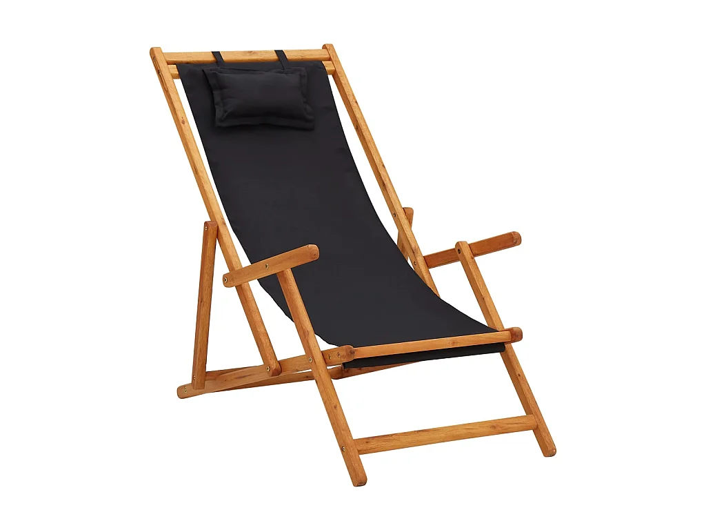 Bain de soleil pliable de plage Bois d'eucalyptus solide et tissu Noir SEF66438