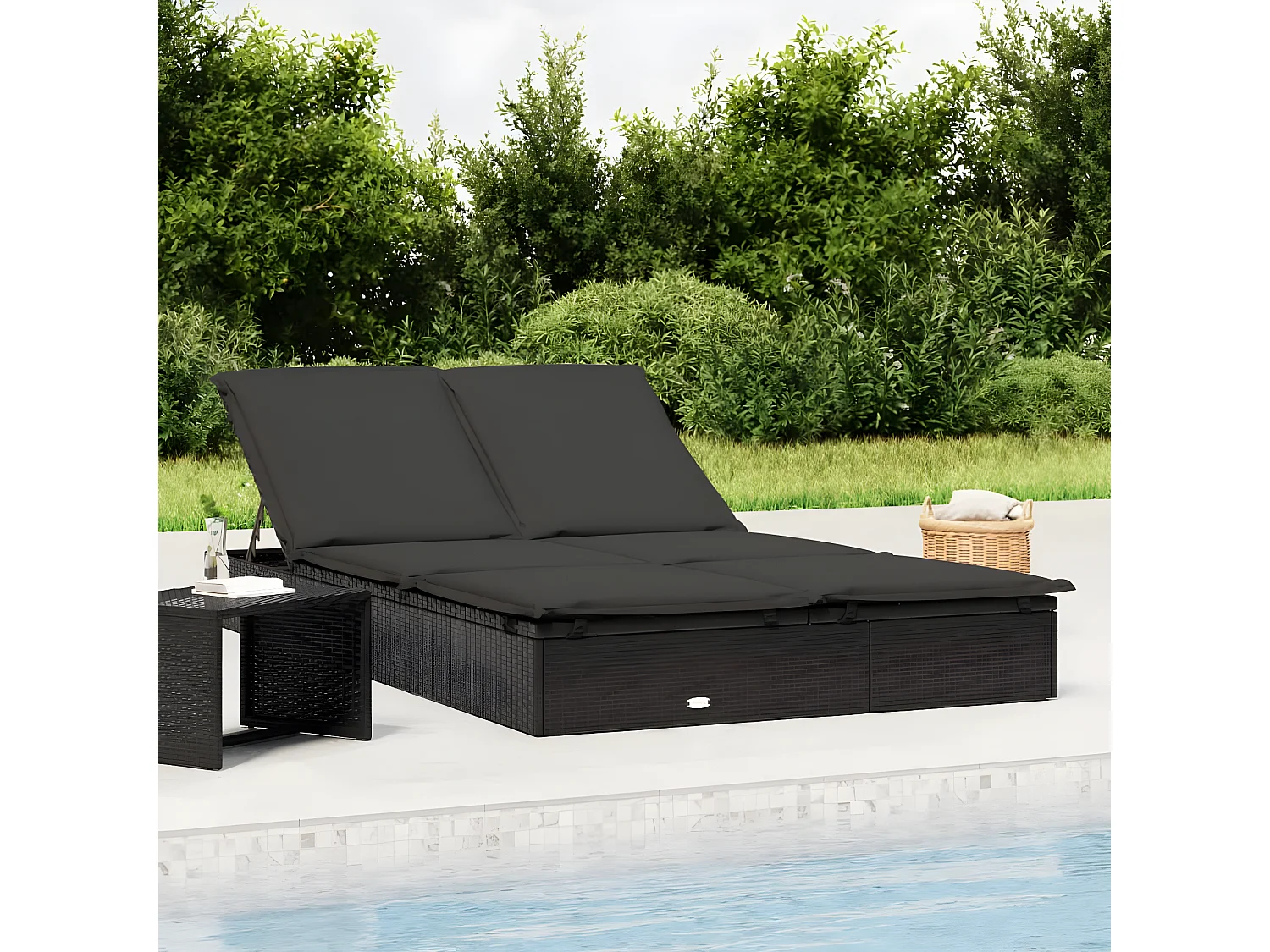 Bain de soleil à 2 places avec coussins noir résine tressée SEF50323