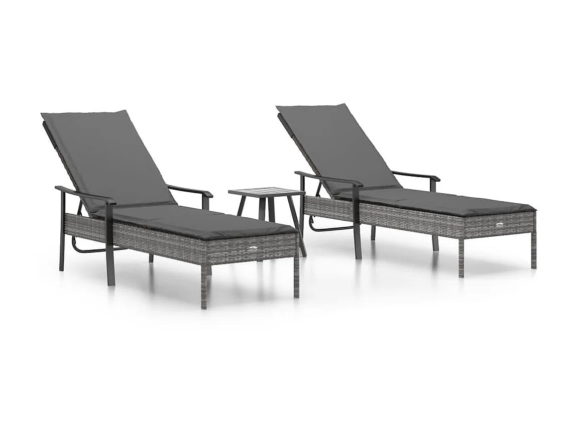 Bains de soleil 2 pcs avec table et coussins, Canapés de jardin gris résine tressée PWRS14286