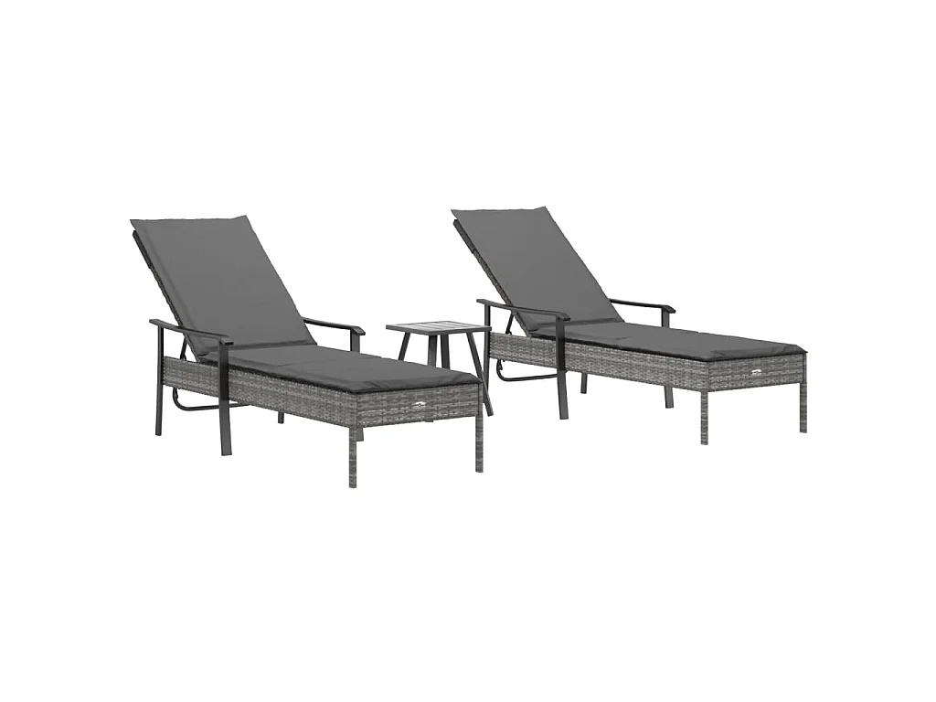 Bains de soleil 2 pcs avec table et coussins, Canapés de jardin gris résine tressée PWRS14286