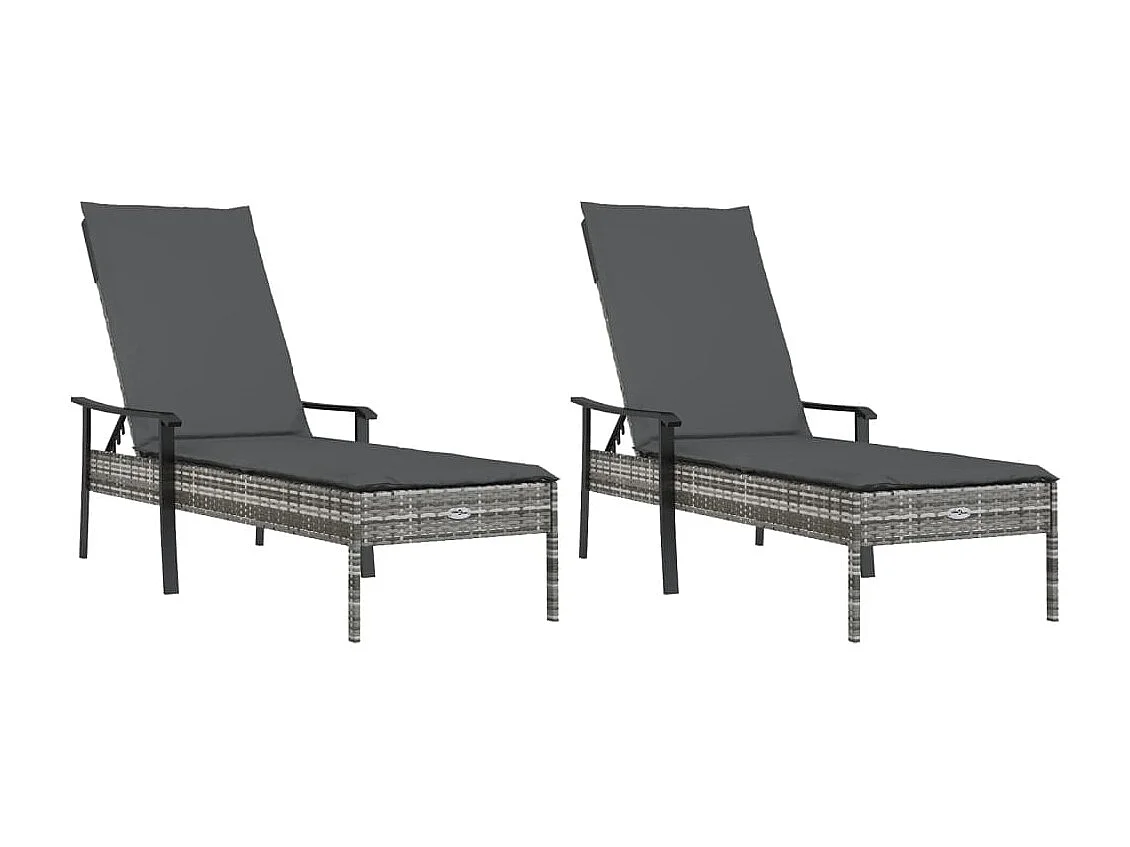 Bains de soleil 2 pcs avec table et coussins, Canapés de jardin gris résine tressée PWRS14286
