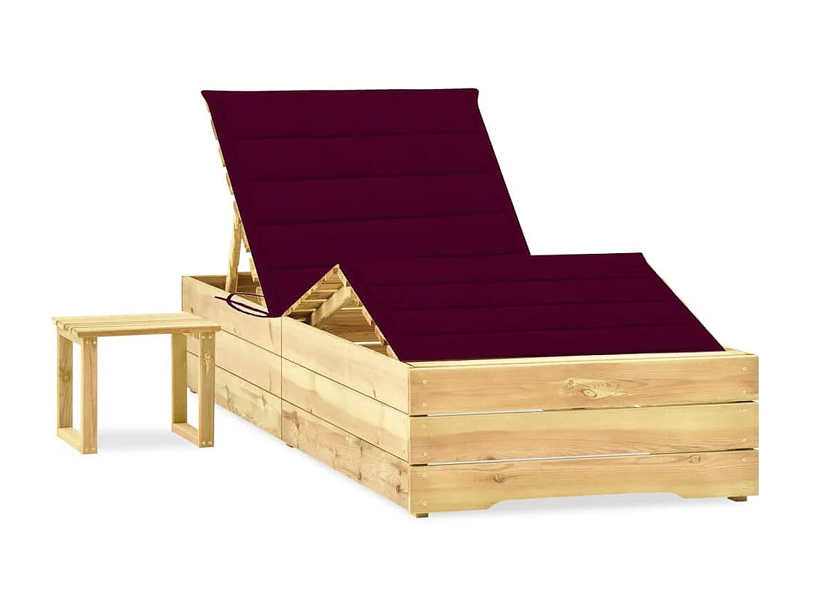 Tumbona de jardín con mesa y cojín de madera de pino impregnada ES77943