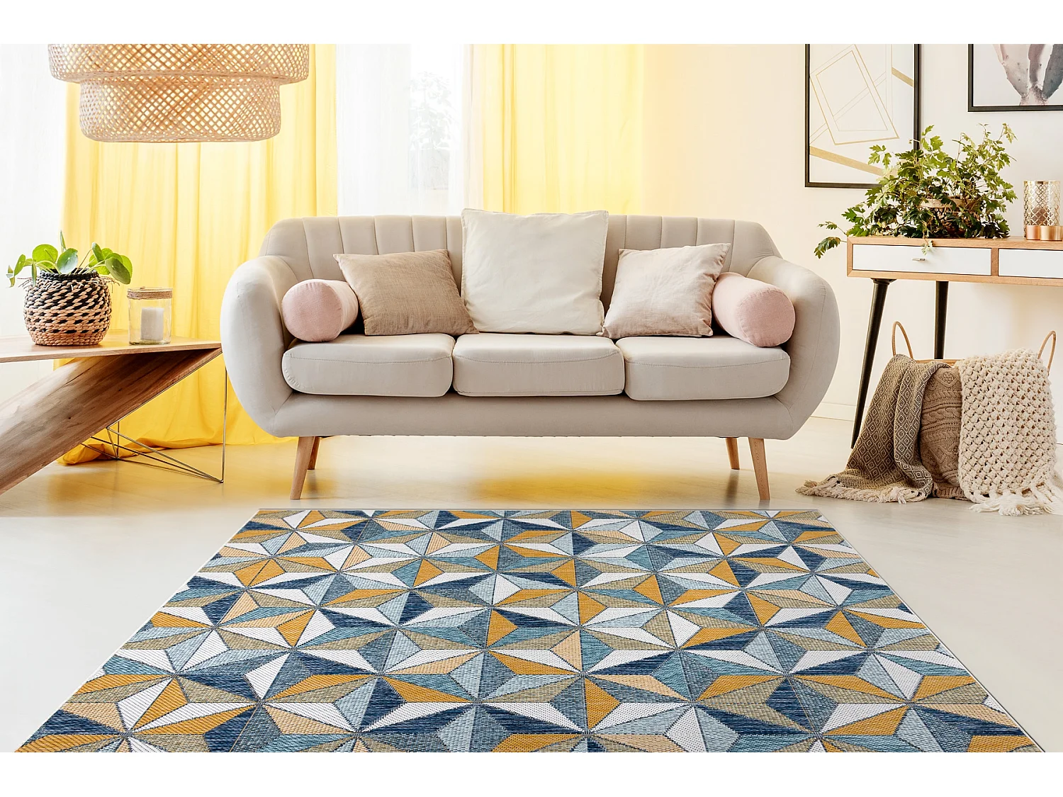 Tapis SIZAL COOPER Mosaïque, Triangles 22222 écru / bleu foncé 160x220 cm