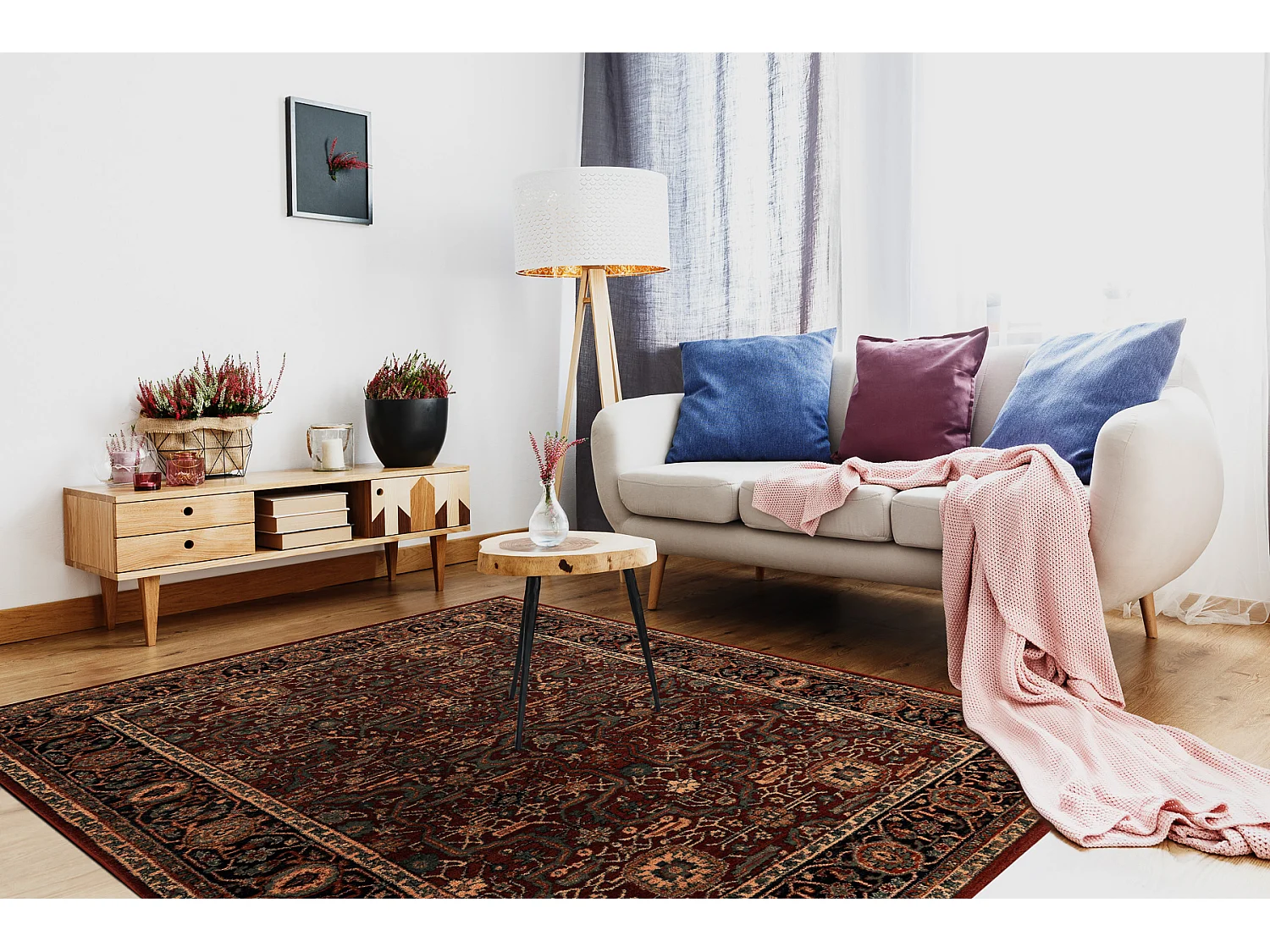 Wollen tapijt KASHQAI kader , oosters bordeaux rode kleur 80x160 cm