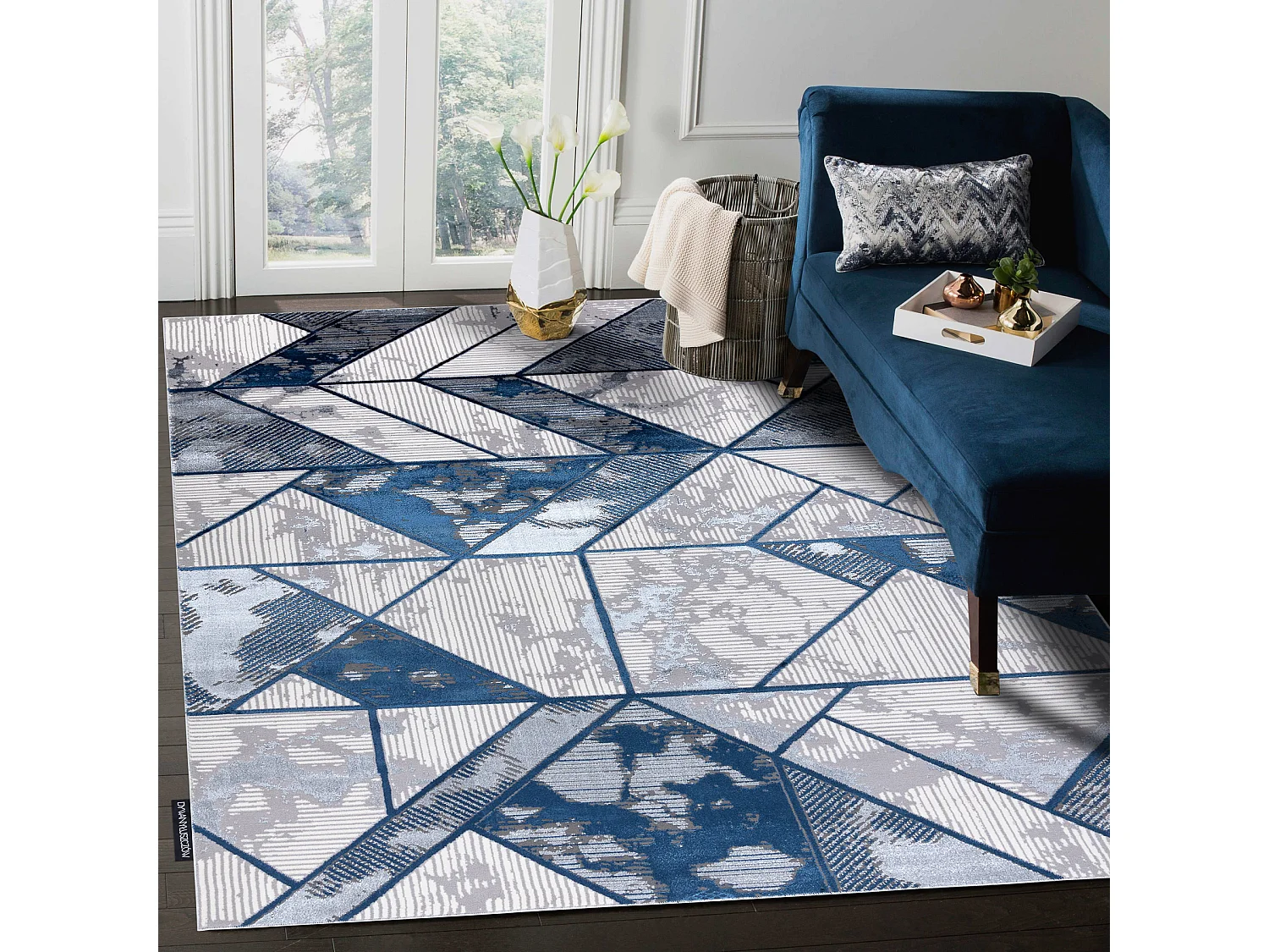 Tapijt DE LUXE modern 632 Geometrisch - Structureel crème / marinebla 160x220 cm