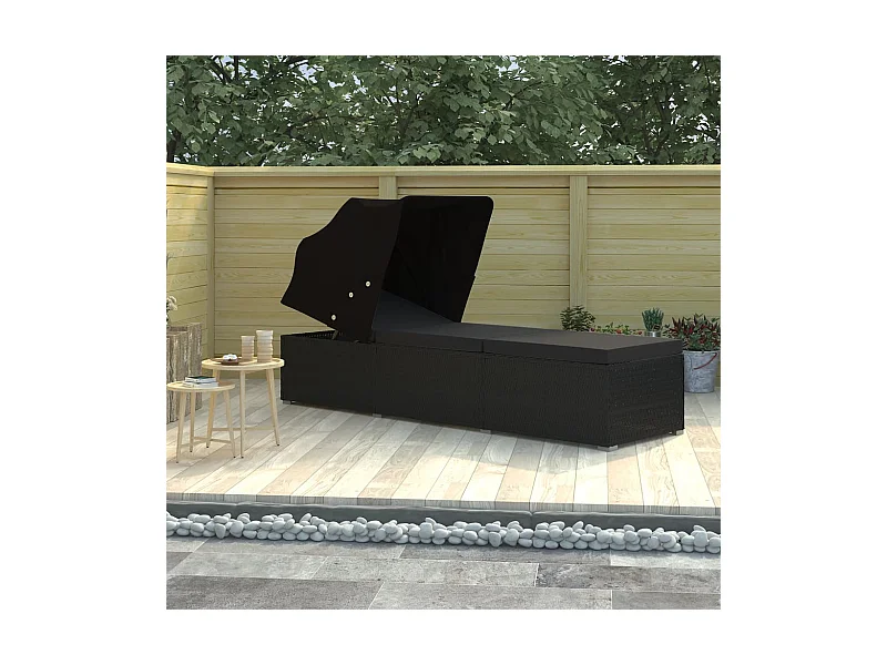 Bain de soleil avec auvent et coussin Résine tressée Noir SEF85456