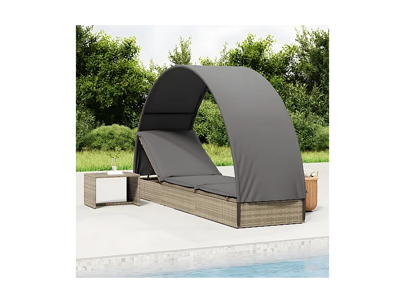 Bain de soleil avec toit rond gris 211x57x140 cm résine tressée SEF88465