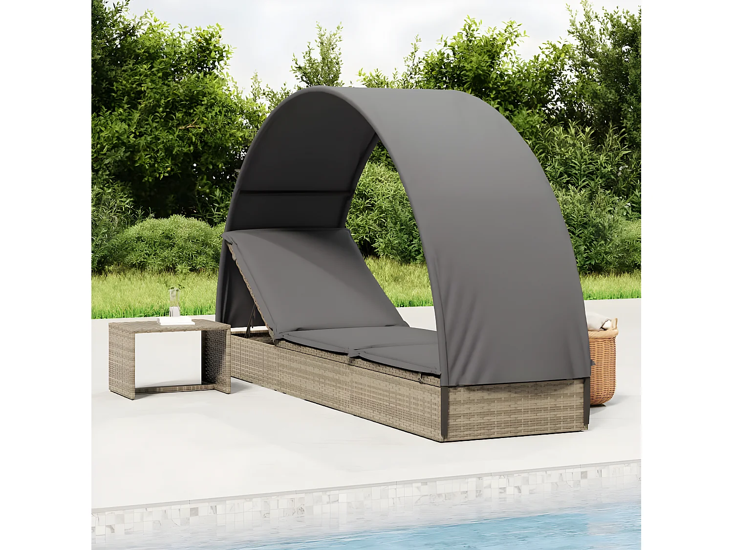 Bain de soleil avec toit rond gris 211x57x140 cm résine tressée SEF88465