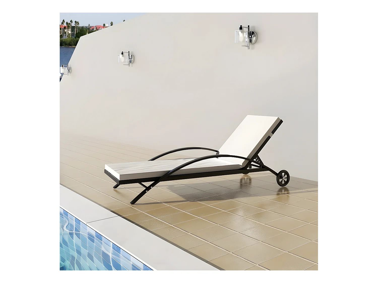 Bain de soleil avec coussin et roues Résine tressée Noir SEF80648