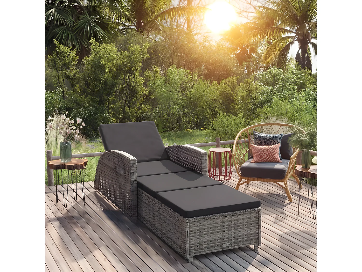 Ligbed met donkergrijs kussen poly rattan grijs NL819189