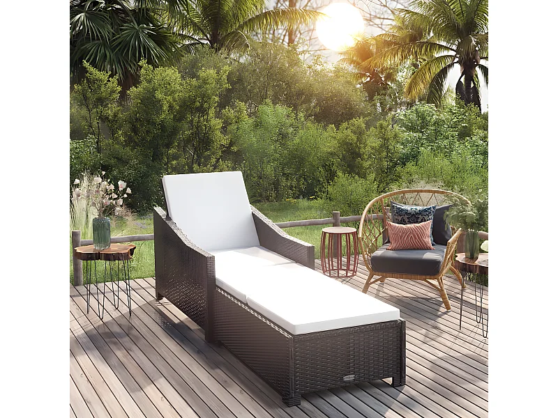 Bain de soleil avec coussin blanc crème Résine tressée Noir SEF64777