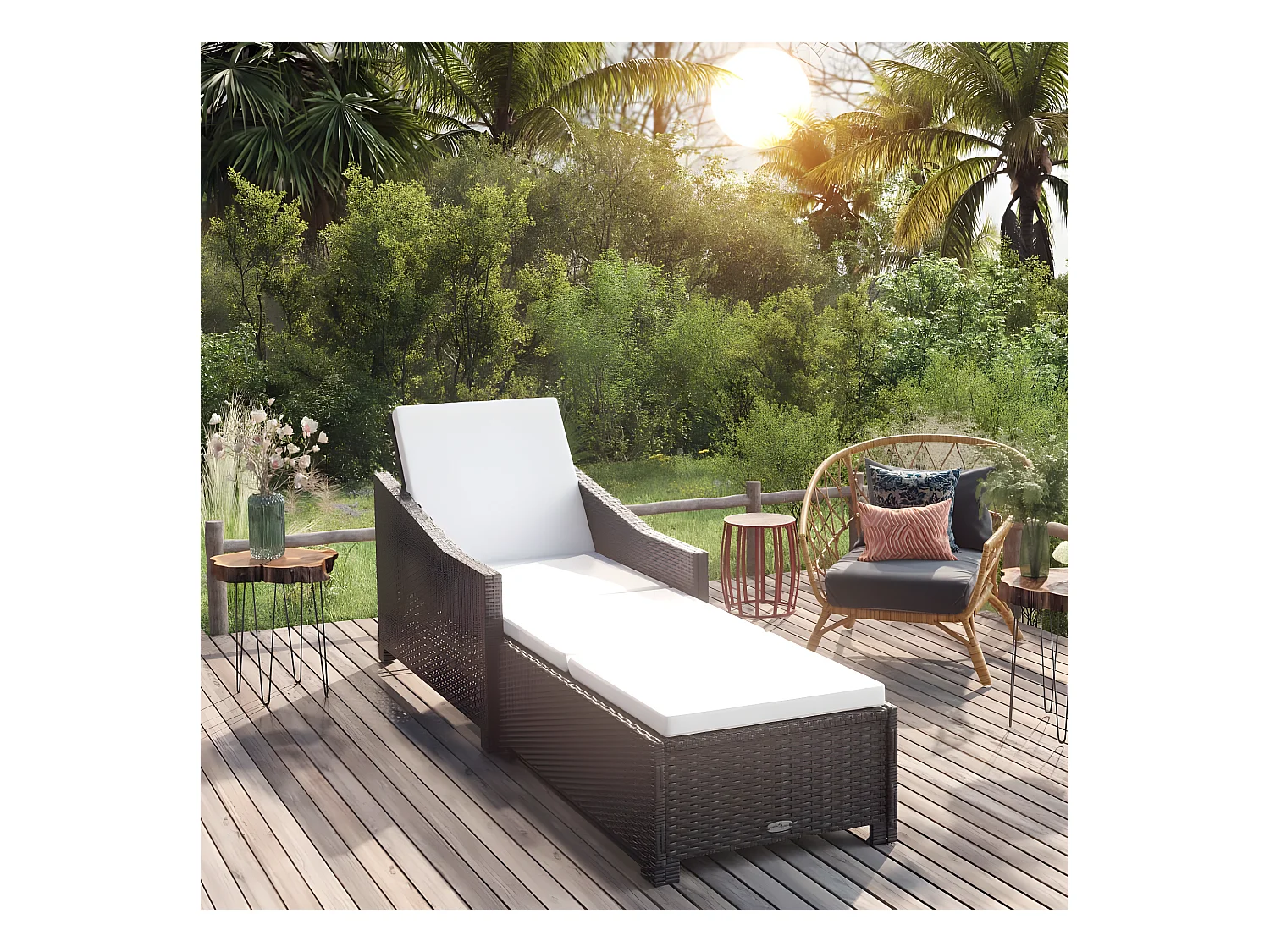 Bain de soleil avec coussin blanc crème Résine tressée Noir SEF64777