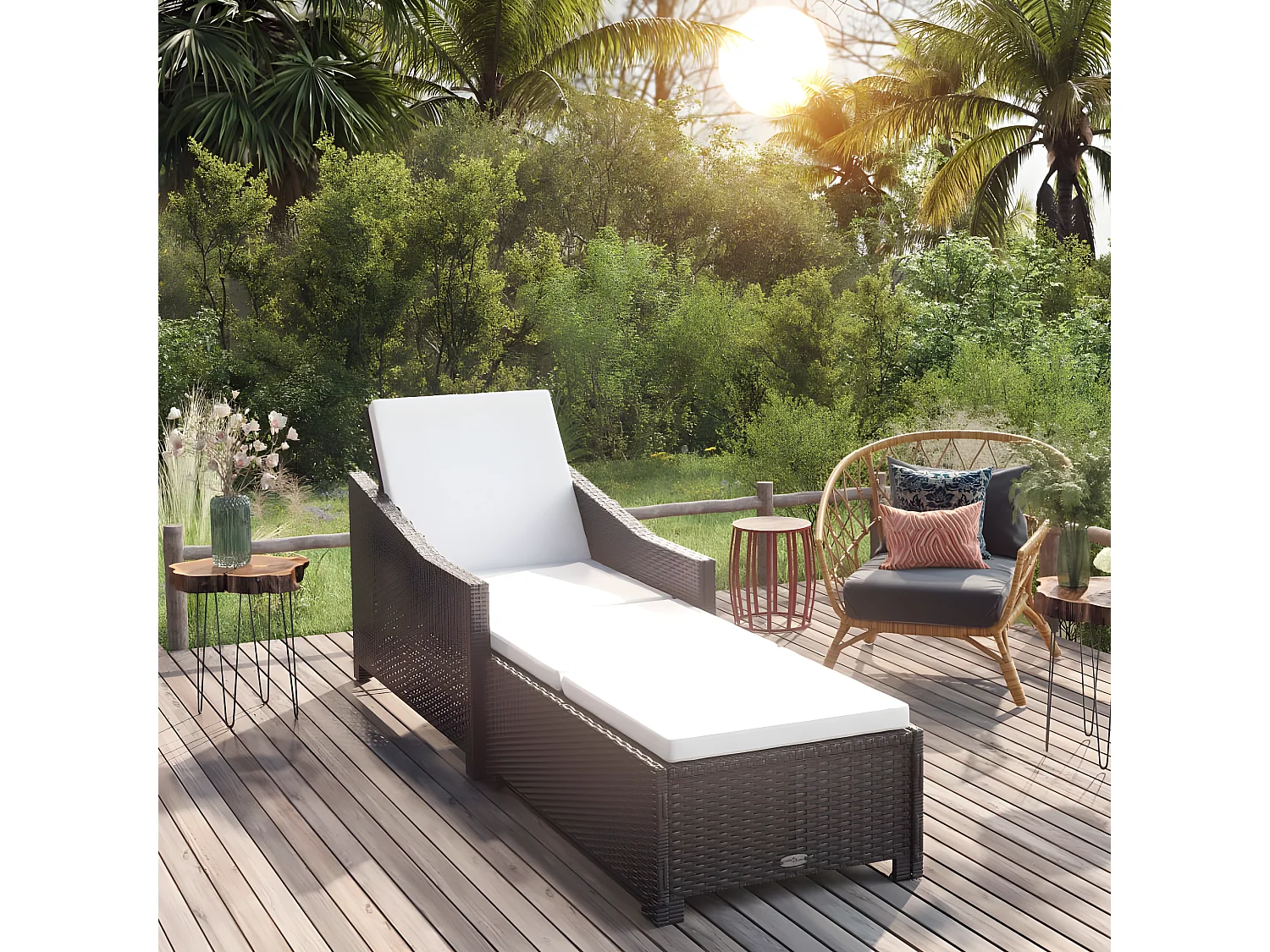 Bain de soleil avec coussin blanc crème Résine tressée Noir SEF64777