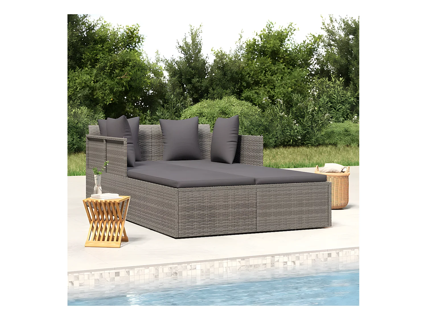 Bain de soleil avec coussins gris 182x118x63 cm résine tressée SEF97713