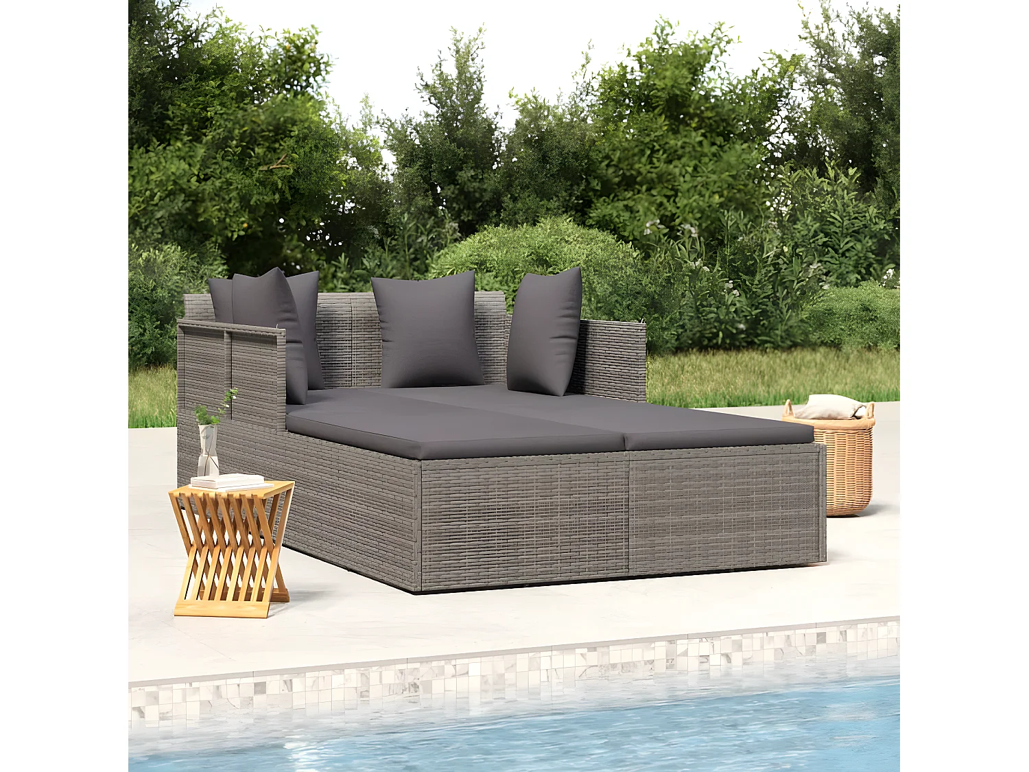 Bain de soleil avec coussins gris 182x118x63 cm résine tressée SEF97713