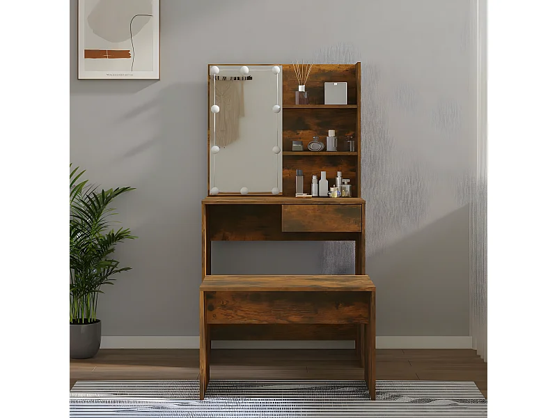 Juego de tocador con LED madera contrachapada roble ahumado ES514185