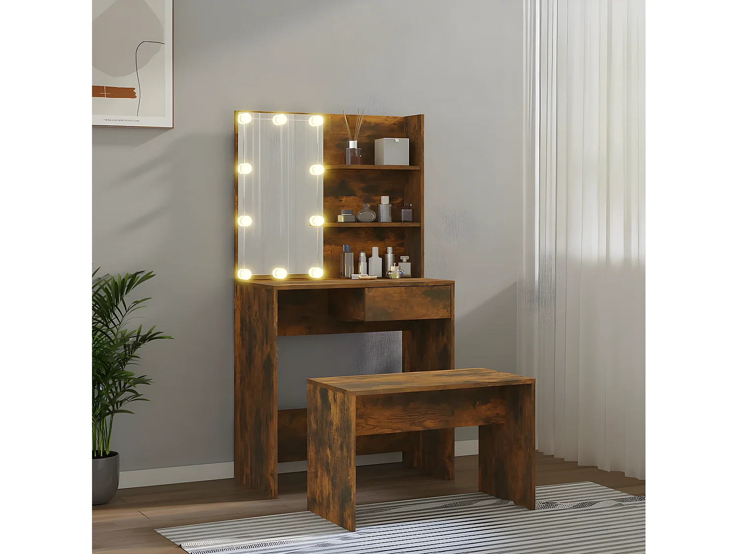Ensemble de coiffeuse avec LED Chêne fumé Bois d'ingénierie OFR42683 BonneVie Meuble