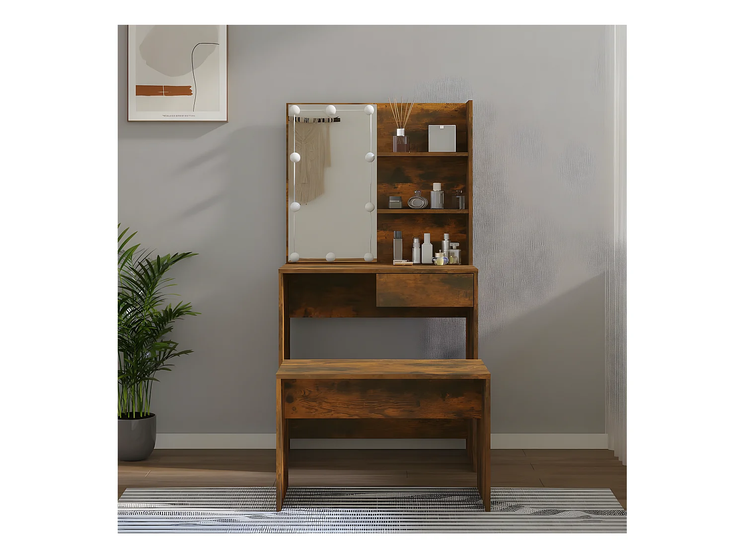 Ensemble de coiffeuse avec LED Chêne fumé Bois d'ingénierie OFR42683 BonneVie Meuble