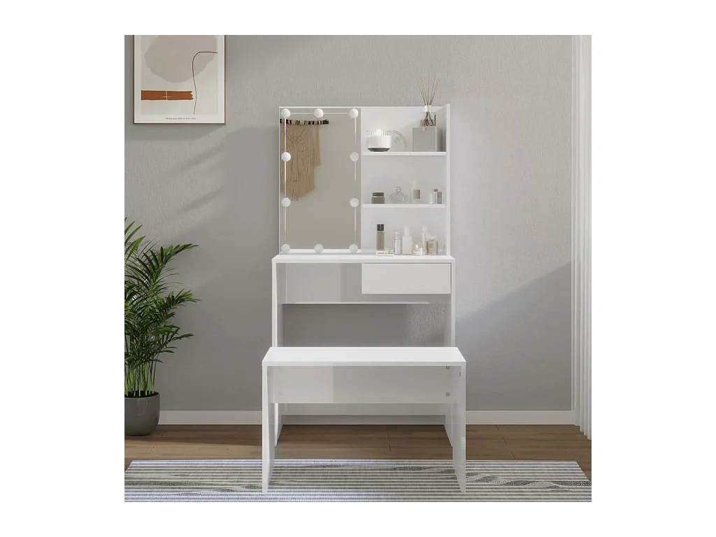 Ensemble de coiffeuse avec LED Blanc brillant Bois d'ingénierie OFR38527 BonneVie Meuble