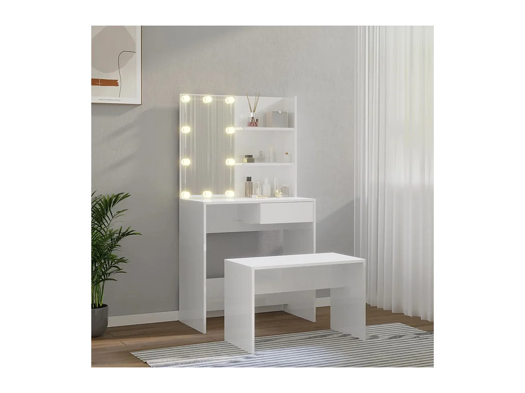 Ensemble de coiffeuse avec LED Blanc brillant Bois d'ingénierie OFR38527 BonneVie Meuble