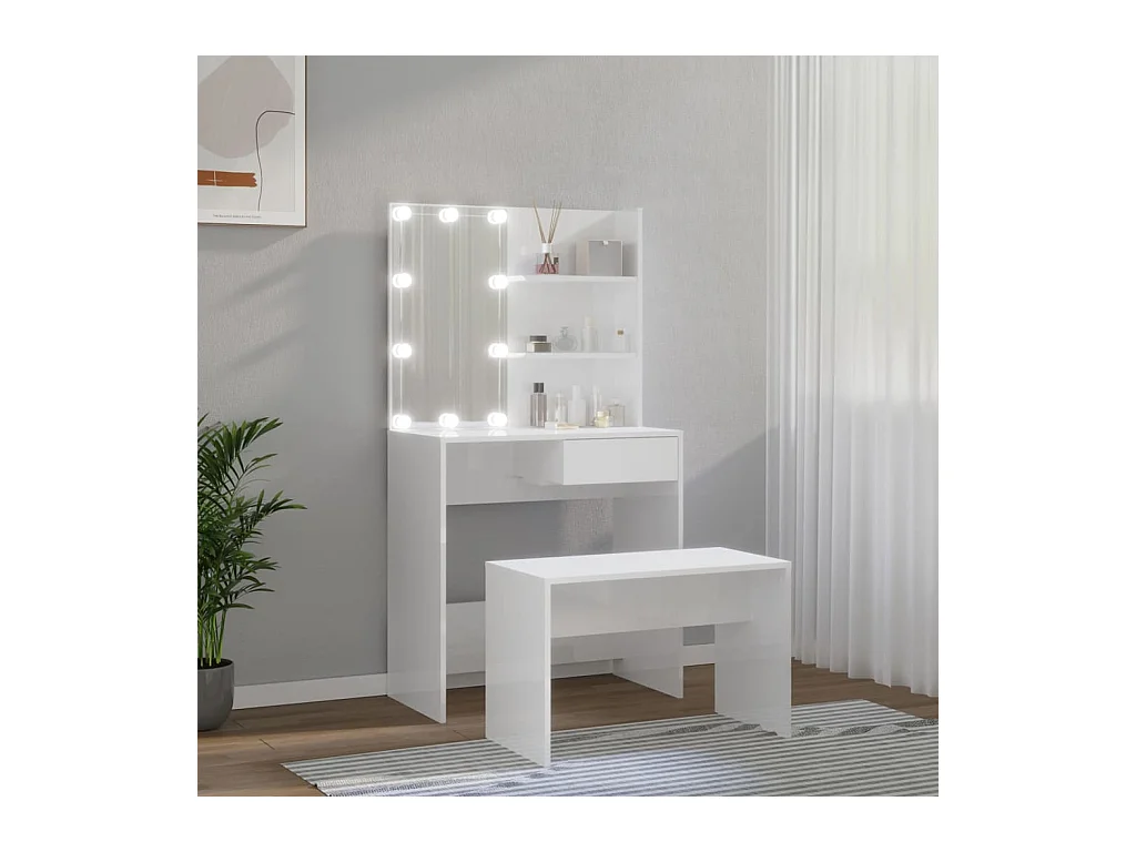 Ensemble de coiffeuse avec LED Blanc brillant Bois d'ingénierie OFR38527 BonneVie Meuble