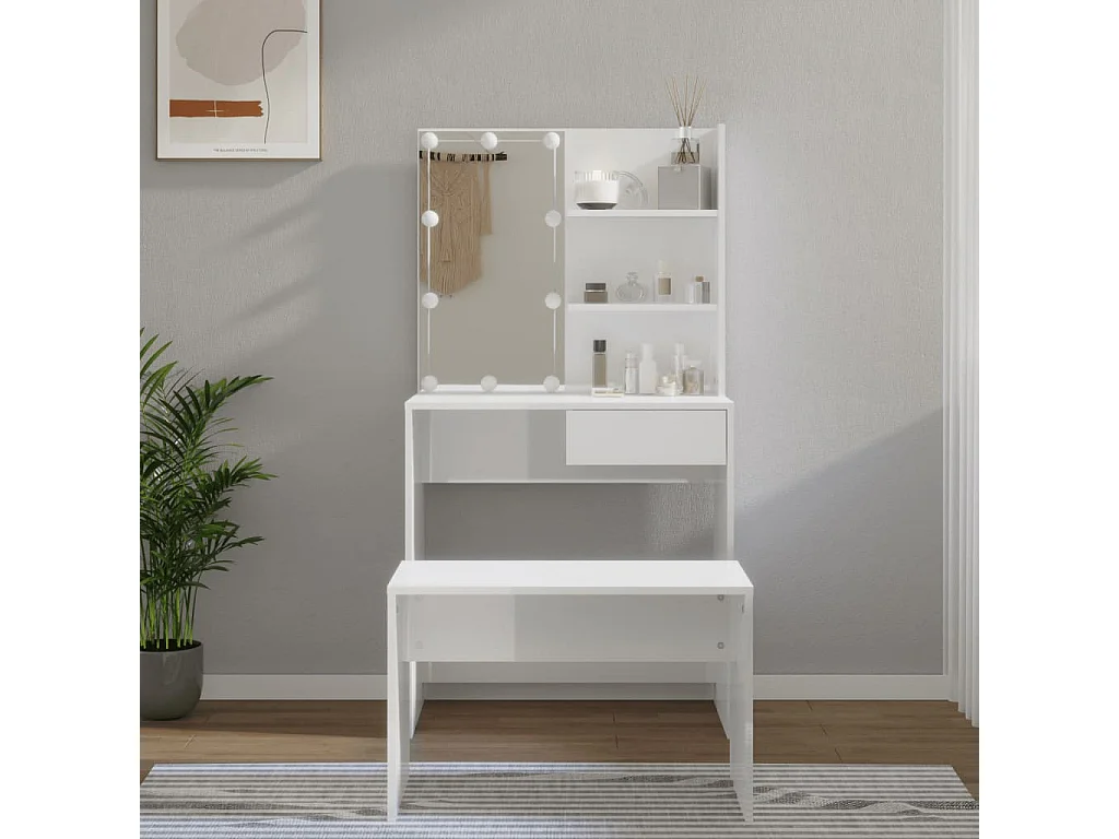 Ensemble de coiffeuse avec LED Blanc brillant Bois d'ingénierie OFR38527 BonneVie Meuble