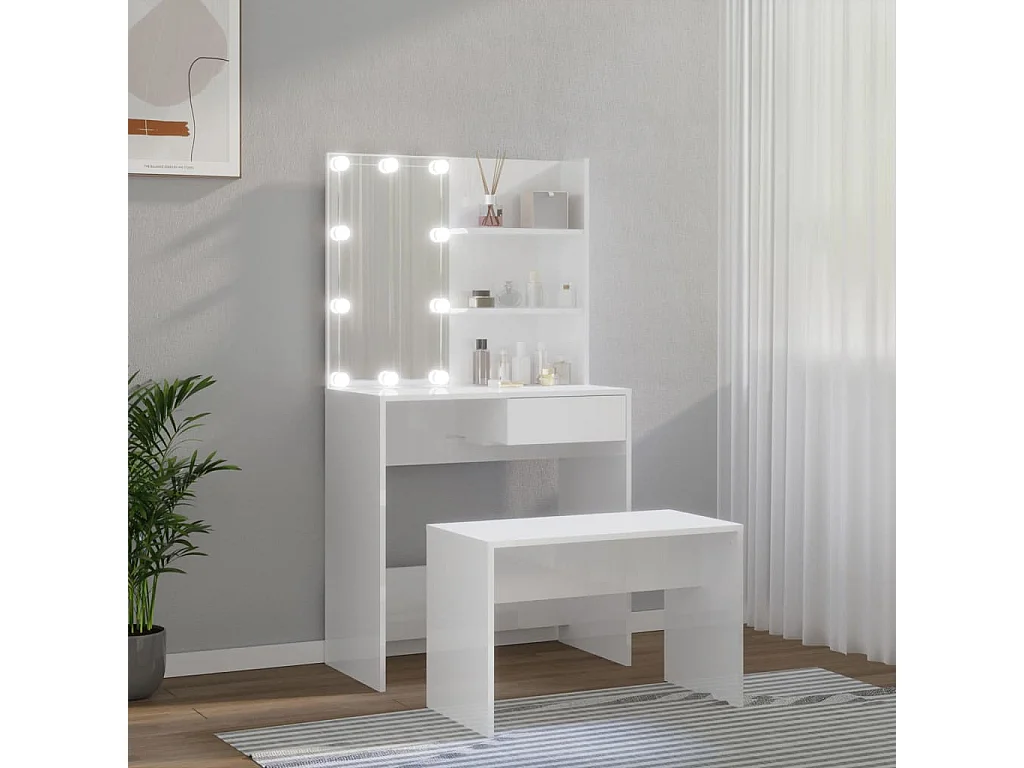 Ensemble de coiffeuse avec LED Blanc brillant Bois d'ingénierie OFR38527 BonneVie Meuble