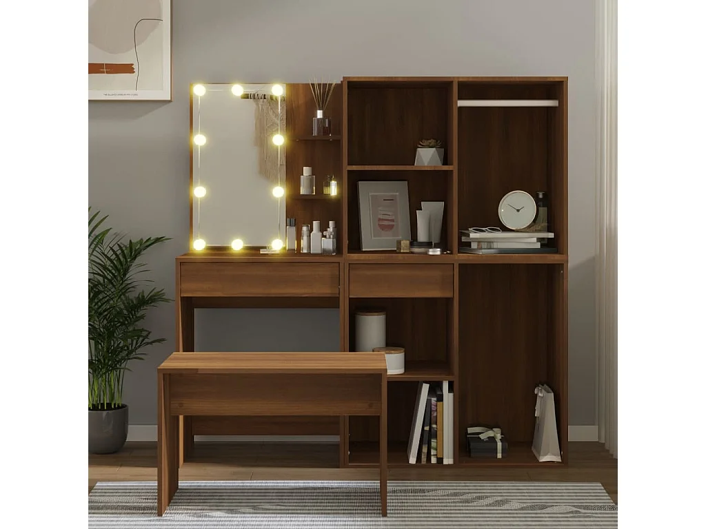 Ensemble de coiffeuse avec LED Chêne marron Bois d'ingénierie OFR46635 BonneVie Meuble