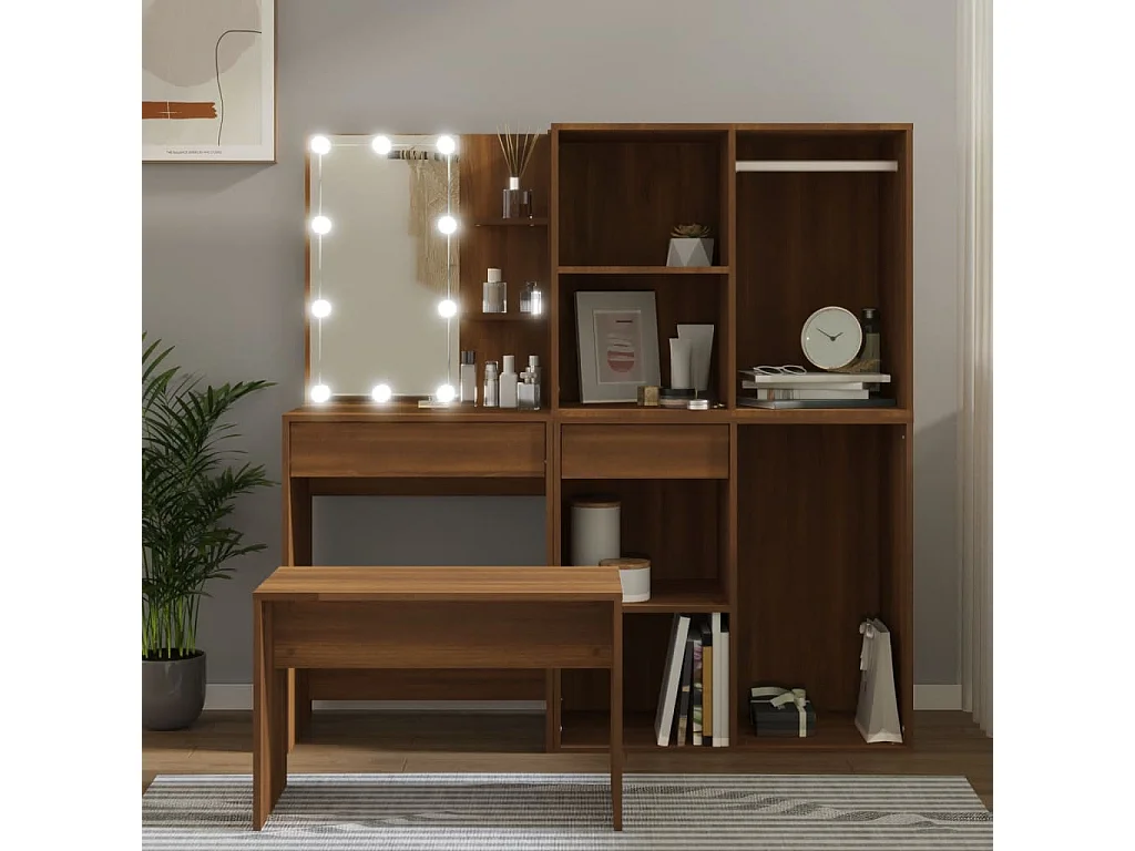 Ensemble de coiffeuse avec LED Chêne marron Bois d'ingénierie OFR46635 BonneVie Meuble