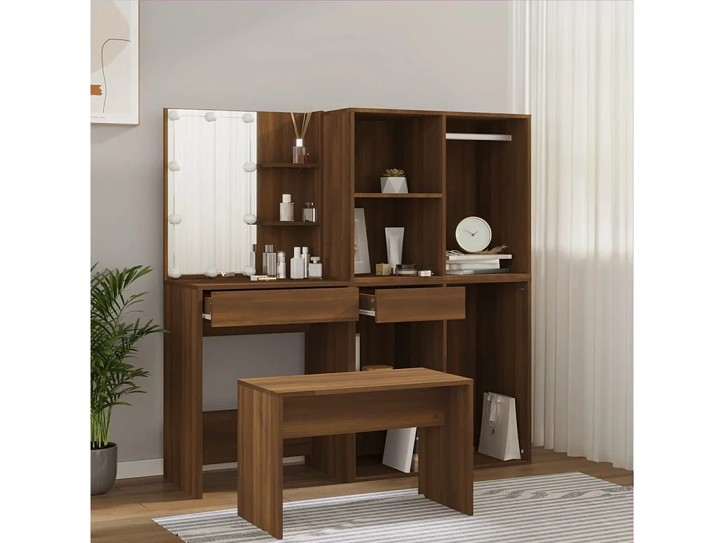 Ensemble de coiffeuse avec LED Chêne marron Bois d'ingénierie OFR46635 BonneVie Meuble