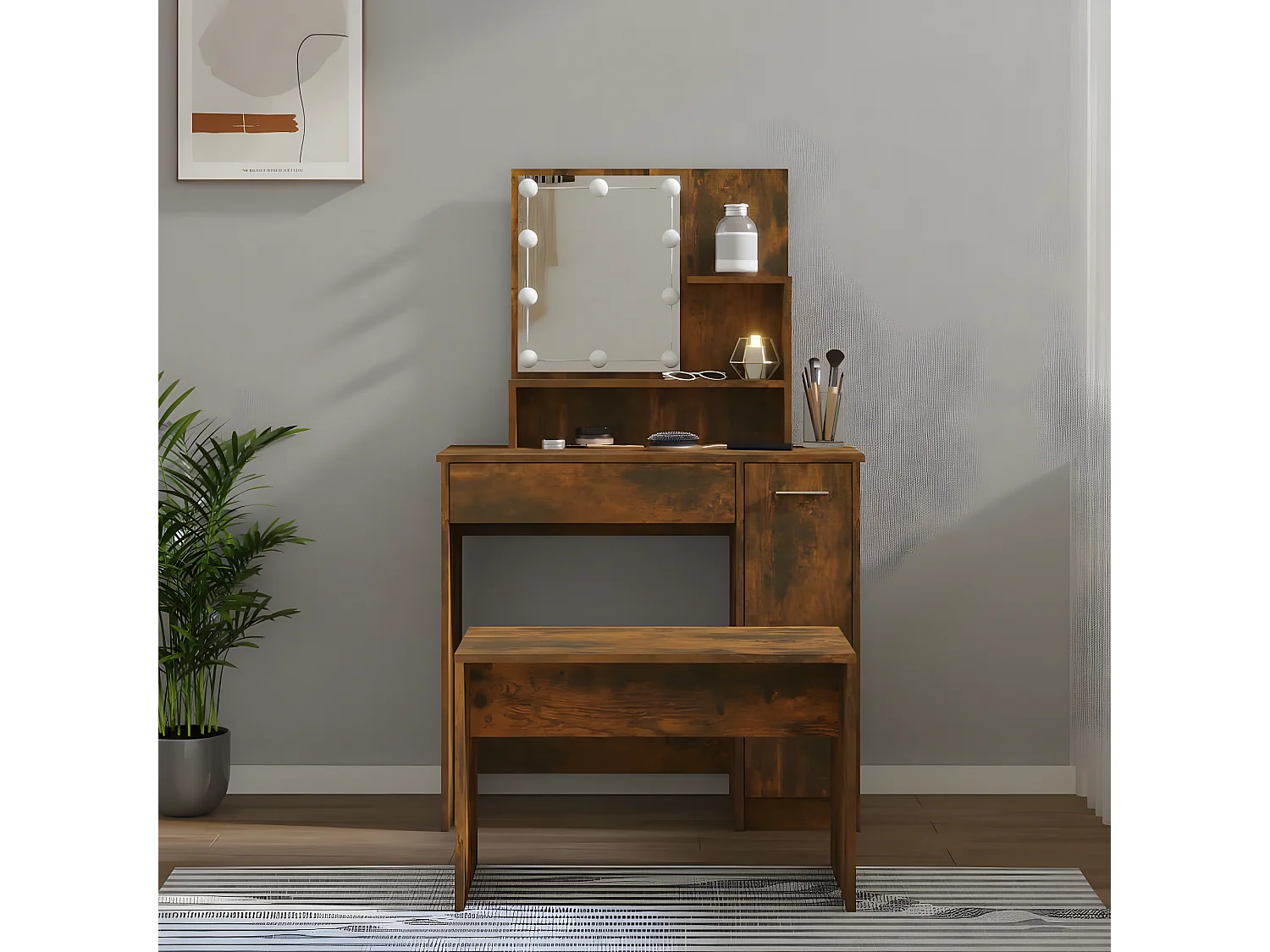 Ensemble de coiffeuse avec LED Chêne fumé Bois d'ingénierie OFR85205 BonneVie Meuble