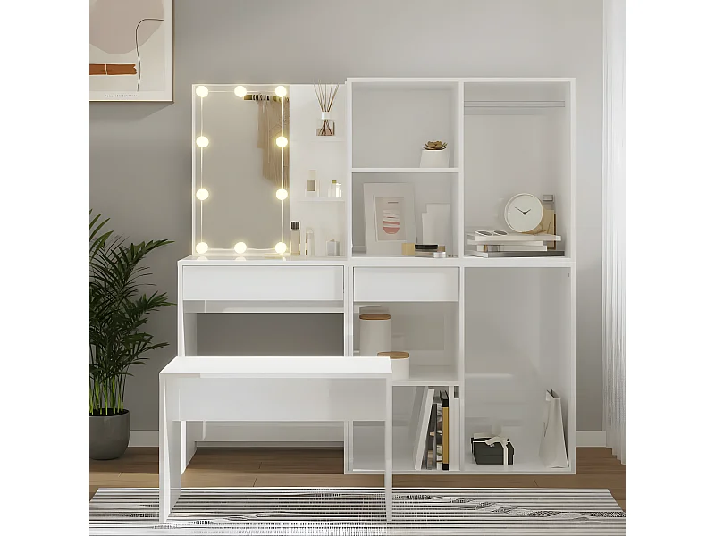 Ensemble de coiffeuse avec LED Blanc brillant Bois d'ingénierie OFR52812 BonneVie Meuble